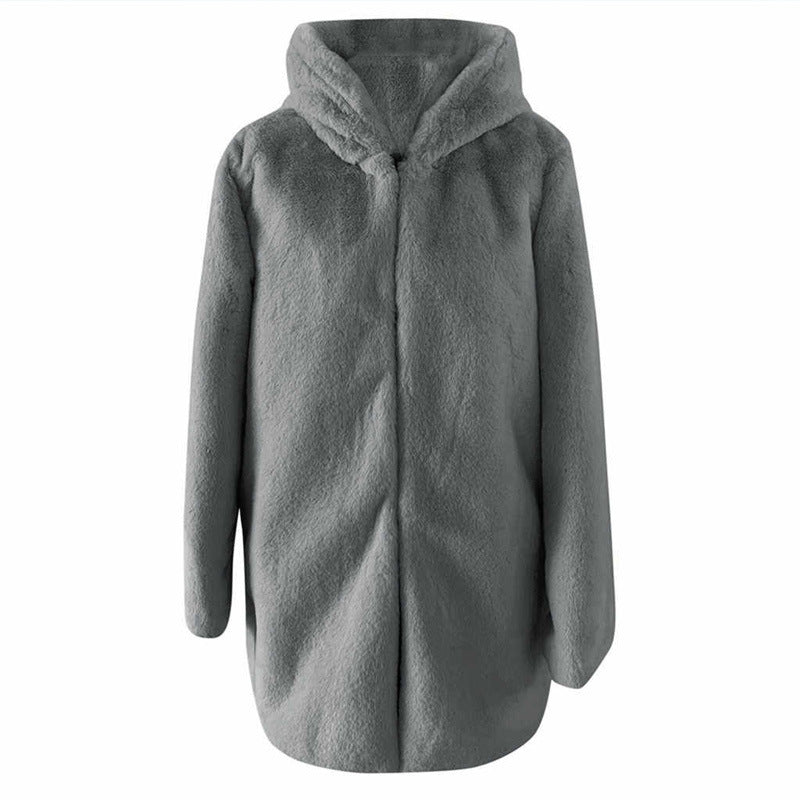 Street Wave Women Faux Fur Hoodie Jacket With Decorative Cut For Ultra Cozy Warmth