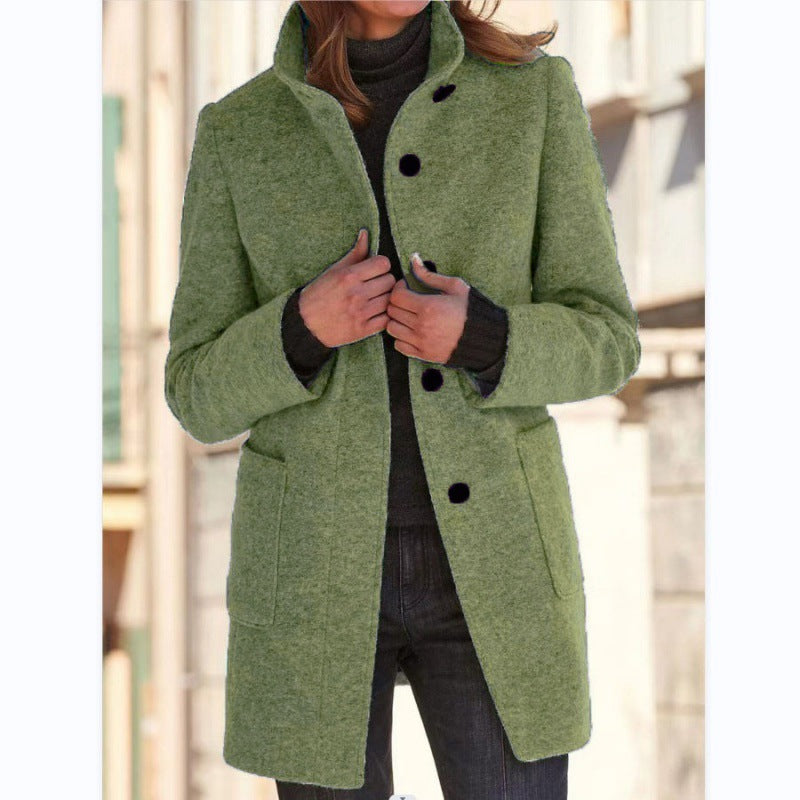 Street-Wave Womens Wool Jacket With Practical Pockets And Button Closure For Elegant Warmth