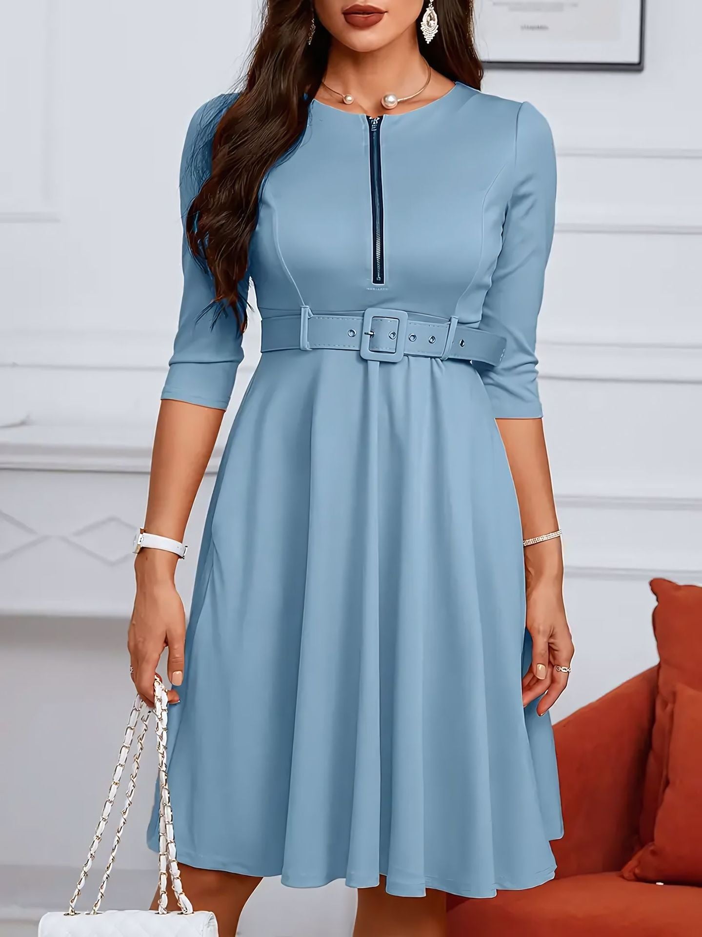 Street-Wave Belted Zip A-Line Dress For Women With Three-Quarter Sleeves Casual Chic Flattering Fit