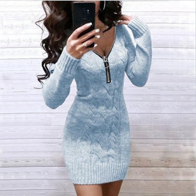 Street-Wave Women's Knit Dress With Zip Detail And Textured Cable Pattern For Chic All Occasions