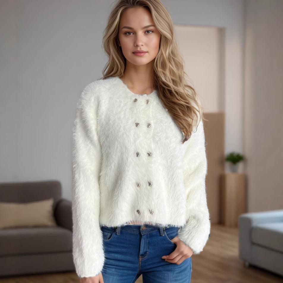 Street-wave Women Fluffy Cardigan With Heart Shaped Buttons Cozy Loose Fit For Relaxed Evenings
