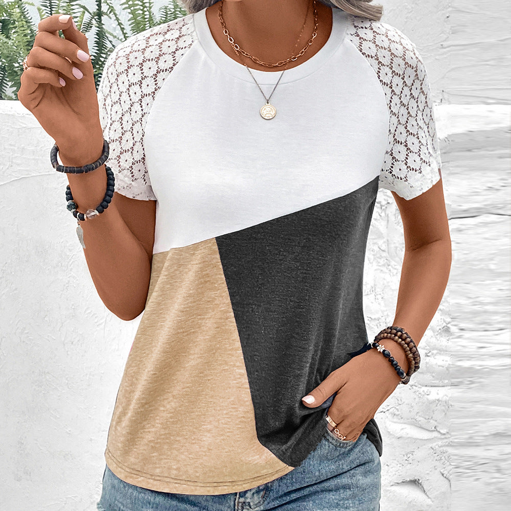 Nordisk Flair Womens Lace Sleeves T Shirt Relaxed Fit Cotton Blend Casual Chic