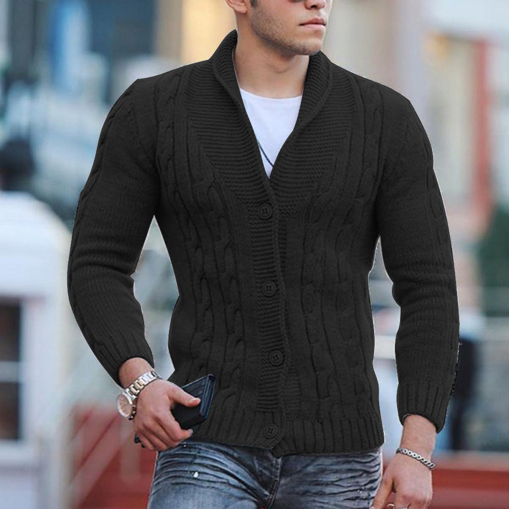 Street-Wave Men's Cable Knit Cardigan With Shawl Collar For Cozy Warmth And Modern Style
