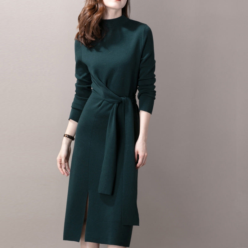 Street Wave Elegant Knit Dress With Side Slit And Belted Waist For Women Timeless Versatile And Breathable