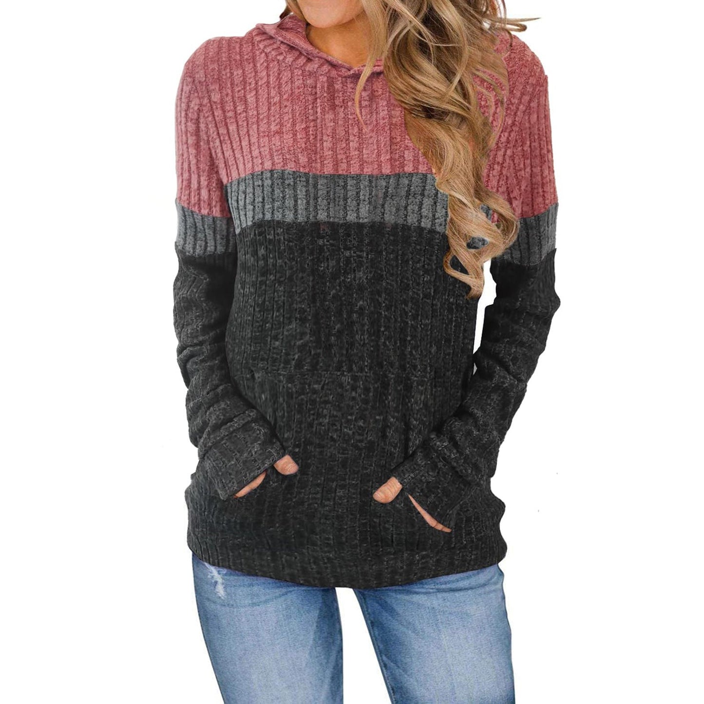 Women Hooded Sweatshirt Street-wave Color Block Cozy Breathable Cotton Blend Pullover
