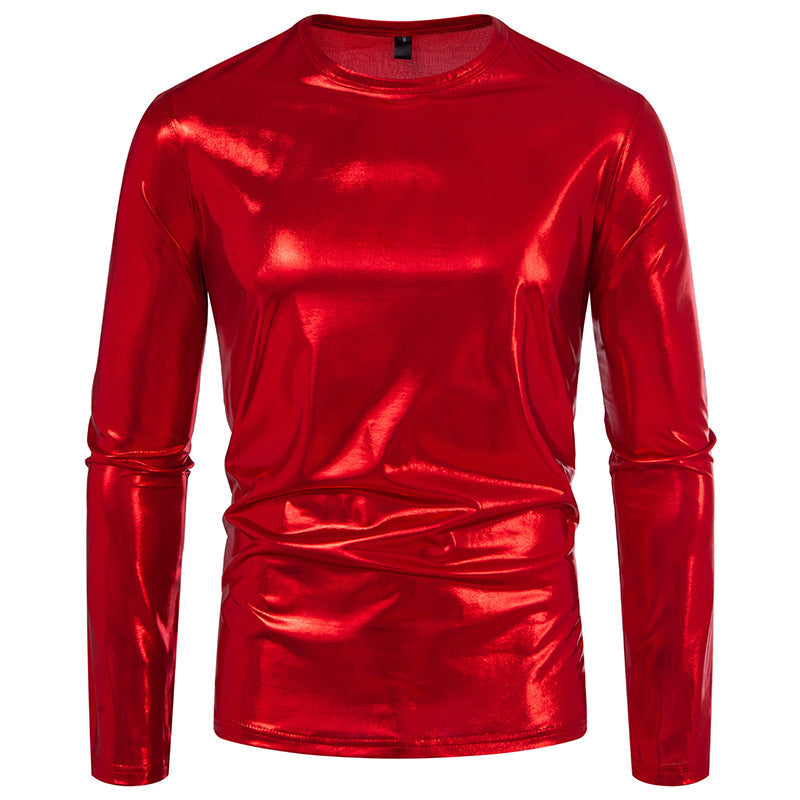 Street-Wave Men's Reflective Long Sleeve Shirt With Smooth Metallic Fabric For Modern Style