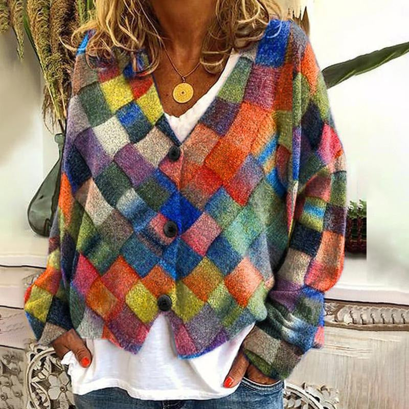 Street-wave Patchwork Cardigan For Women Colorful Knit With Button-Down Style Effortless Chic