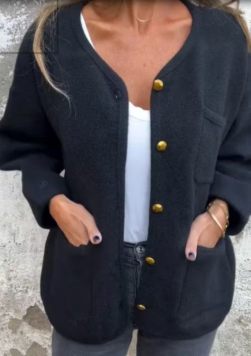Street-wave Wool Coat For Women Round Neck Long Sleeve Warm Versatile All-Season Outerwear