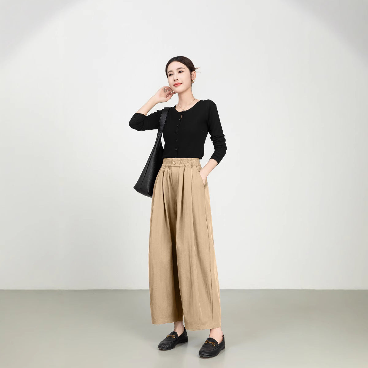Street-Wave Women's Wide-Leg Pants High Waist Elastic Comfort Twill