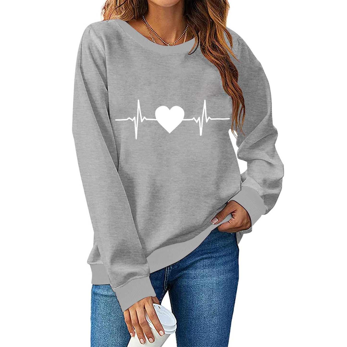 Street-wave Womens Heartbeat Design Sweatshirt Soft Cotton Cozy Wear For Everyday