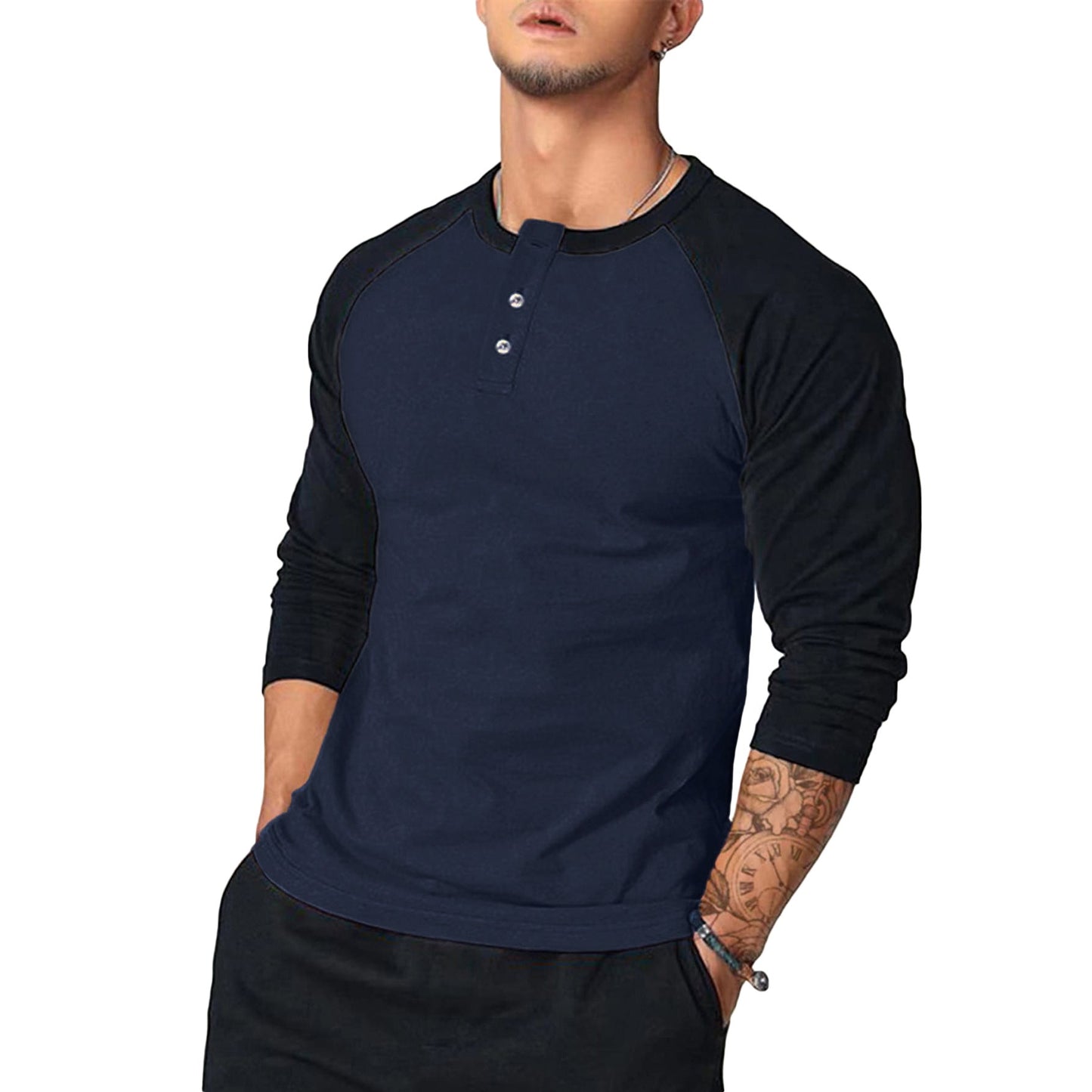 Street-Wave Mens Long Sleeve Henley Shirt With Contrast Sleeves Soft Cotton Comfort
