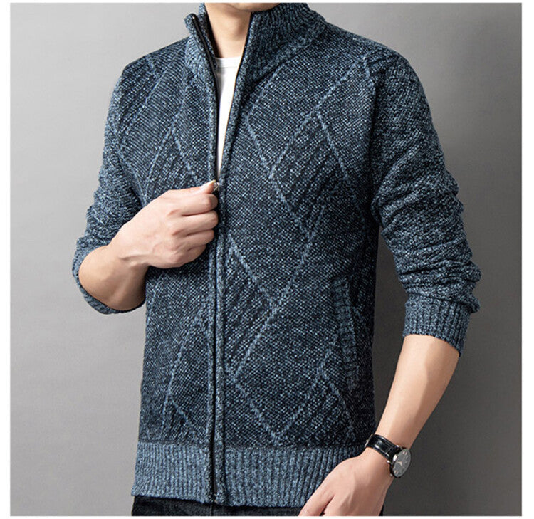 Street Wave Mens Cardigan With Modern Zipper And Geometric Pattern For Everyday Casual Wear