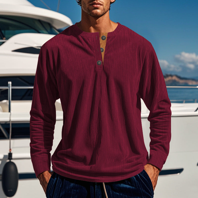 Streetwave Mens Long Sleeve Ribbed Knit Shirt With Button Placket For Daily Casuals