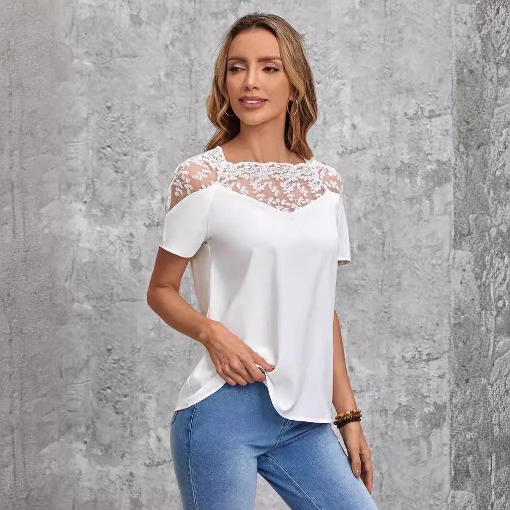 Street Wave Lace Yoke Blouse For Women With Casual Fit And Elegant Lace Panel Perfect For Everyday And Evening Wear