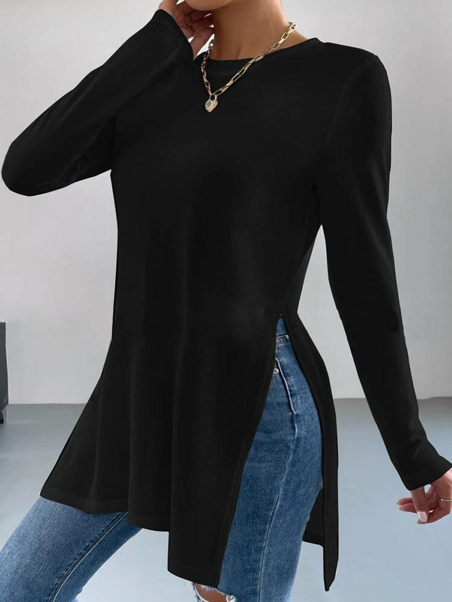 Street-wave Women's Asymmetrical Long Sleeve Top With Side Slits Relaxed Fit Everyday Style