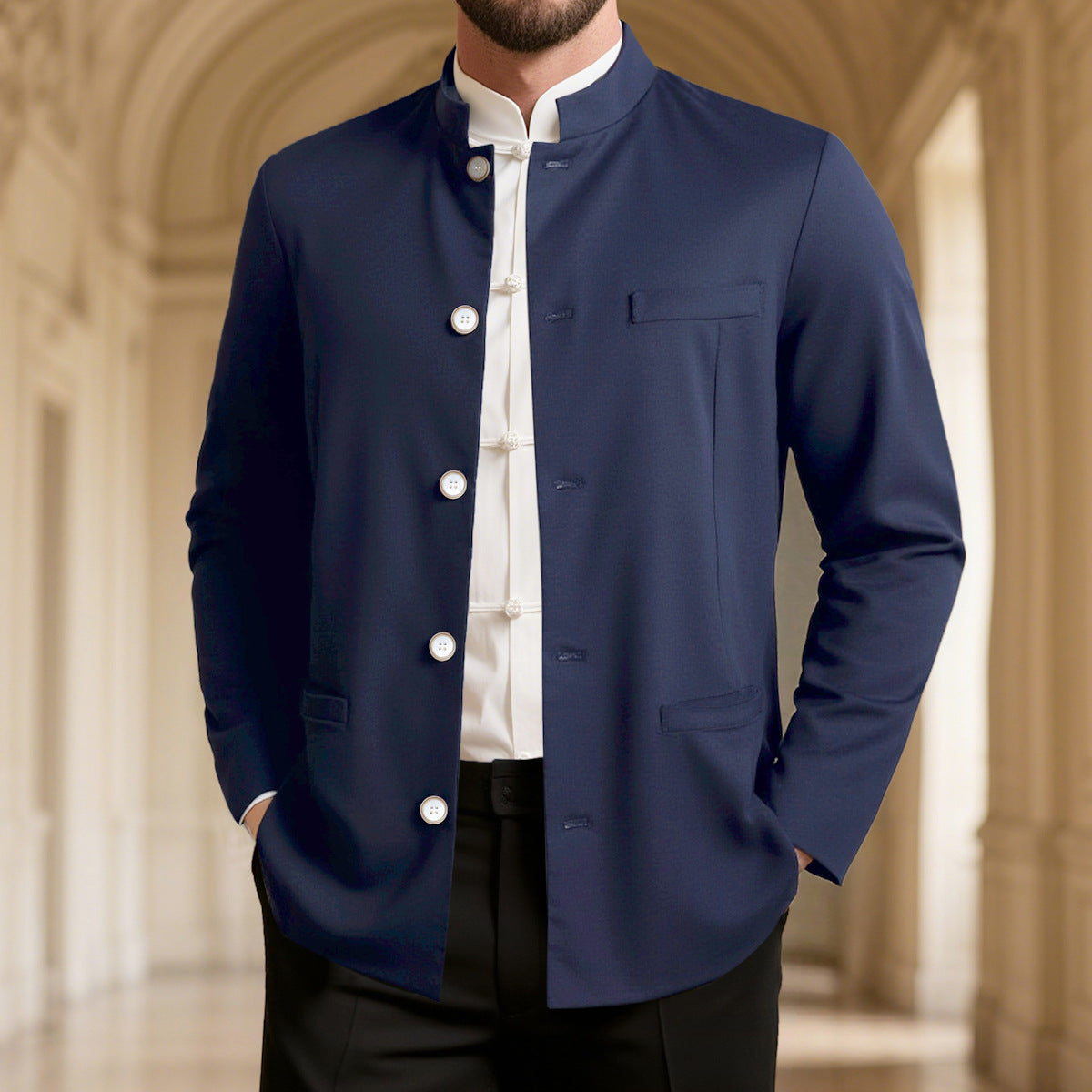 Street-wave Men Stand Collar Blazer Elegant Breathable Comfort For Modern Gentlemen