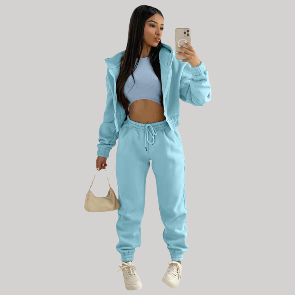 Street-wave Women Three-Piece Tracksuit Set With Cropped Ribbed Top Zip Hoodie And High-Waisted Joggers