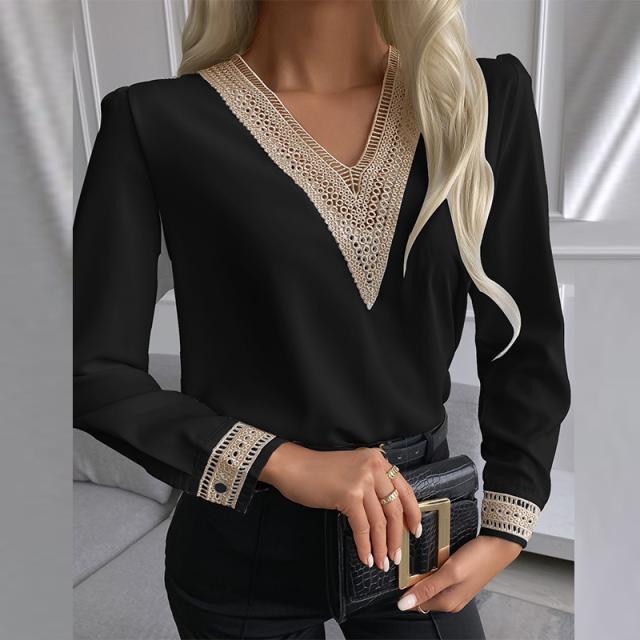 Street-Wave Women Elegant Lace Trim Blouse For Office Wear Timeless Chic Top For Any Occasion