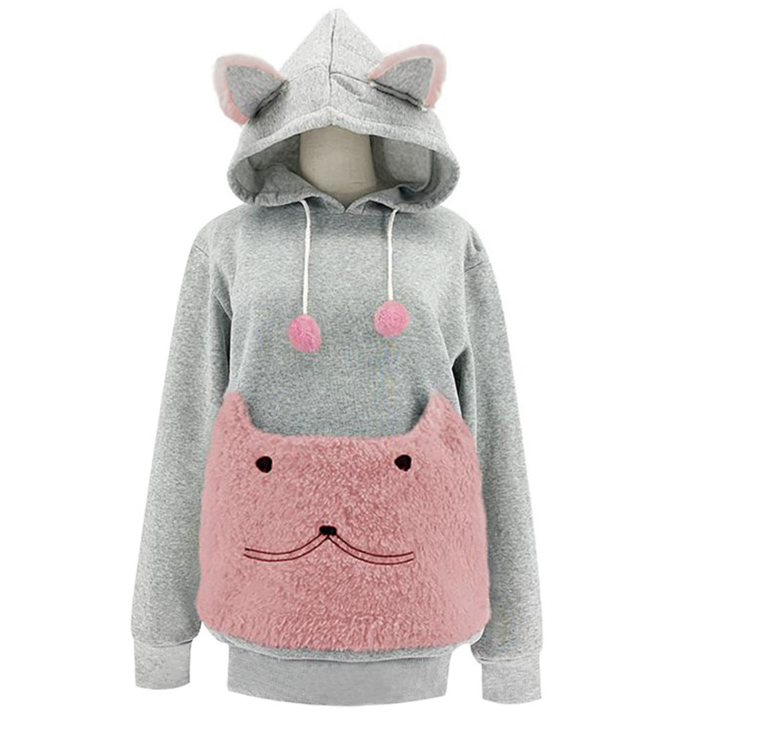 Streetwave Cozy Cat Hoodie With Kangaroo Pocket For Women Plush Warm Fleece Sweatshirt