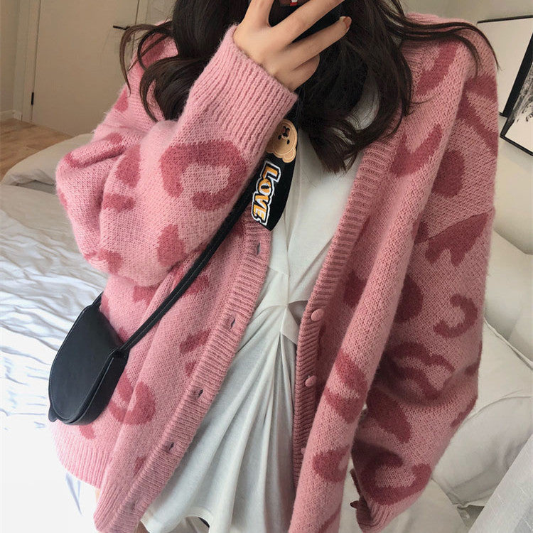 Street-wave Leopard Print Oversized Knit Cardigan For Women Cozy Warmth and Versatile Style