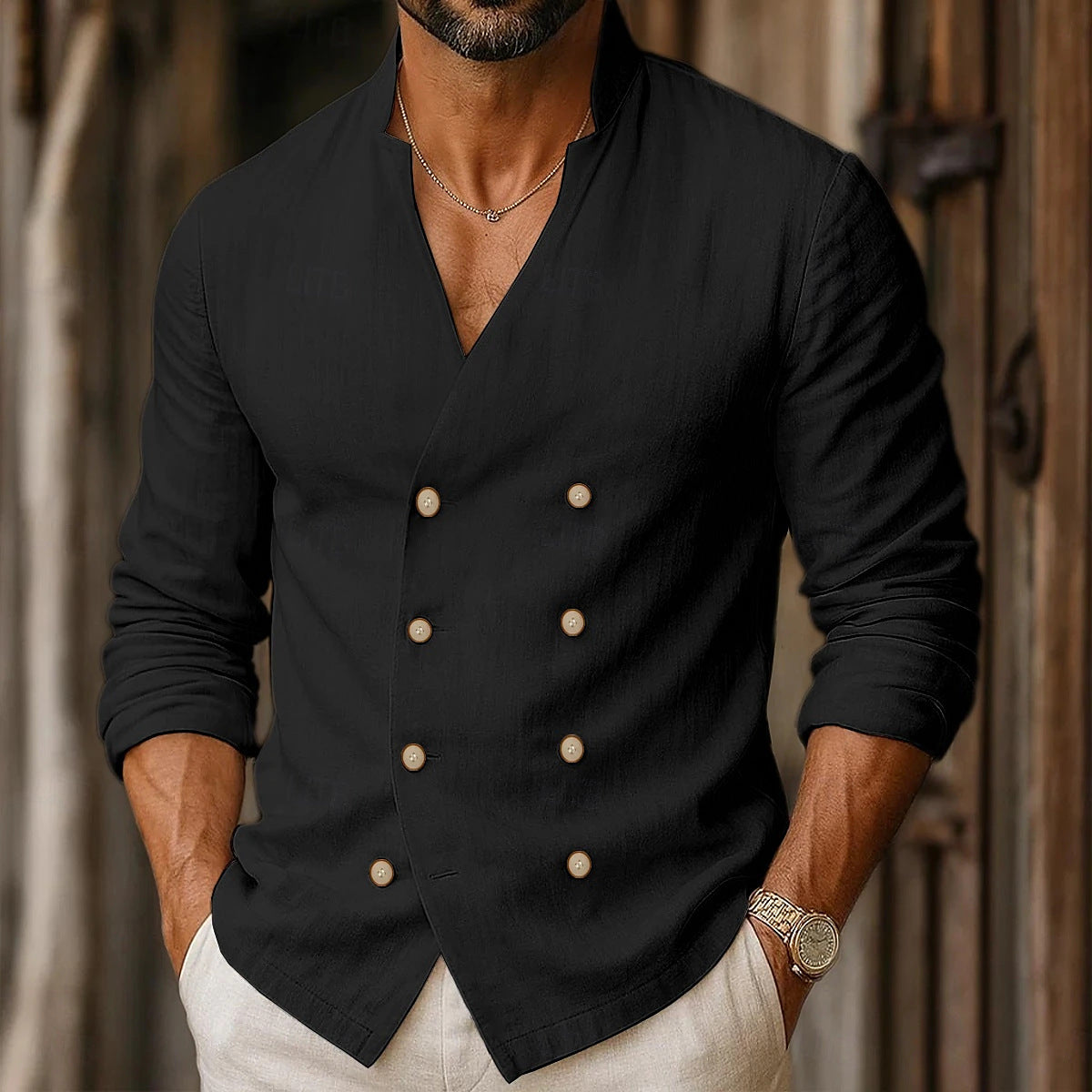 Street-Wave Men's Double Button Placket Shirt For Fashion-Forward Gentlemen With Modern Comfort And Style