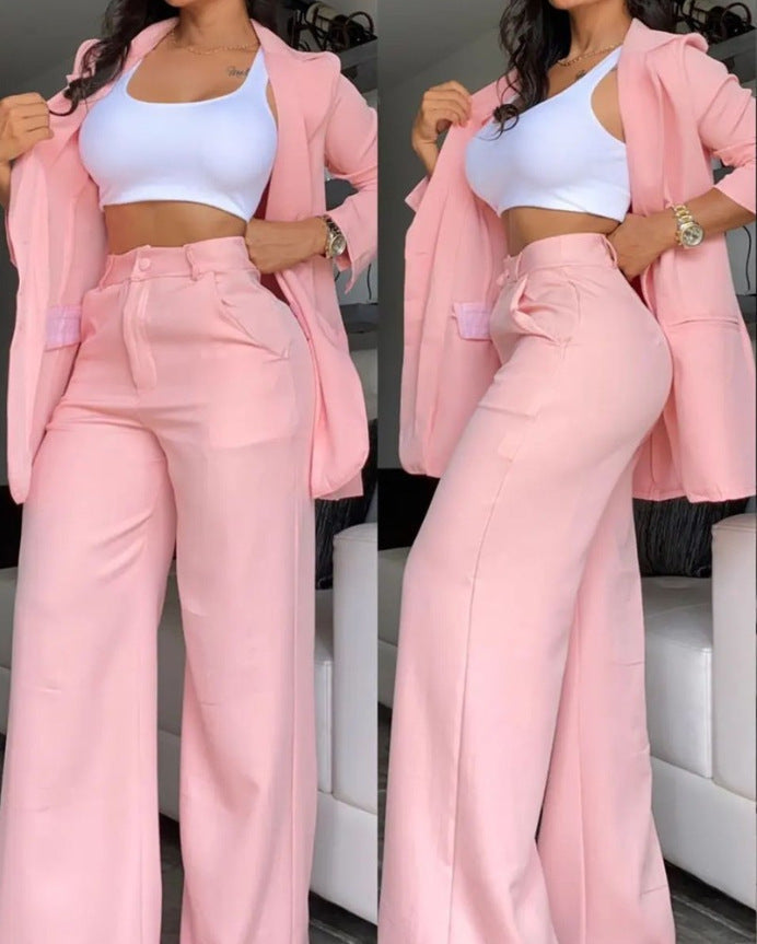 Street-wave Women's Pink Blazer And Wide-Leg Pants Set Elegant Comfort For Day To Night