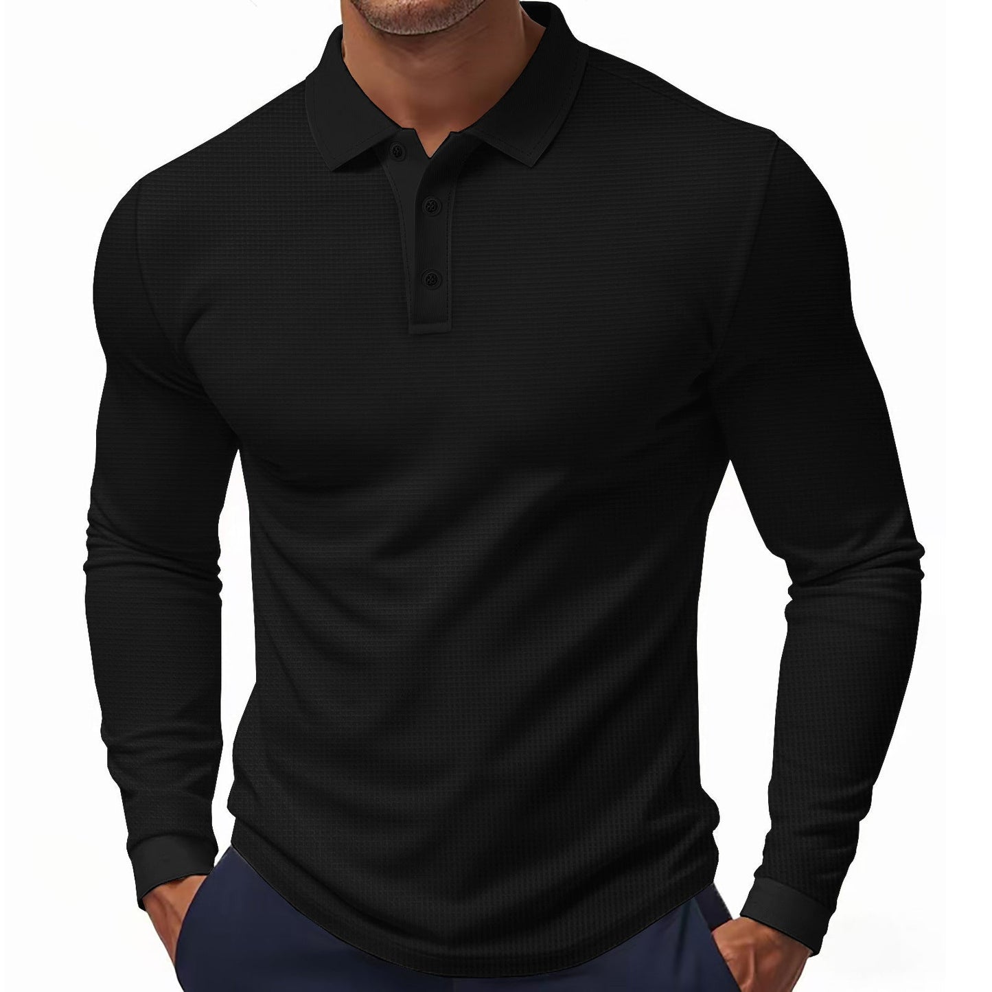 Street-Wave Men's Long Sleeve Polo Shirt With Structured Texture And Modern Fit, Breathable Comfort