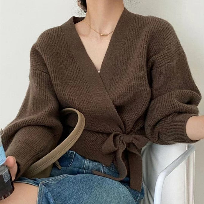 Street-wave Womens Wrap Knit Cardigan With Wide Sleeves And Tie Waist Soft Wool Warmth