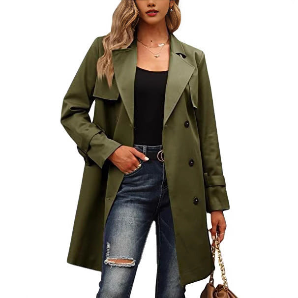 Street Wave Womens Elegant Trench Coat Double Breasted Button Placket Chic Collar For Timeless Style