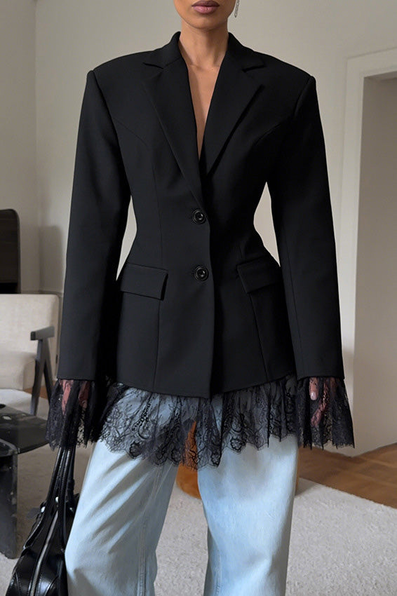 Street-wave Lace Trim Blazer With Waist-Defining Patchwork Hem For Working Women