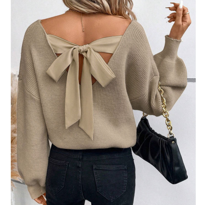 Street-wave Womens Bow Back Knit Sweater With Elegant Neckline Ideal For Chic Everyday Wear