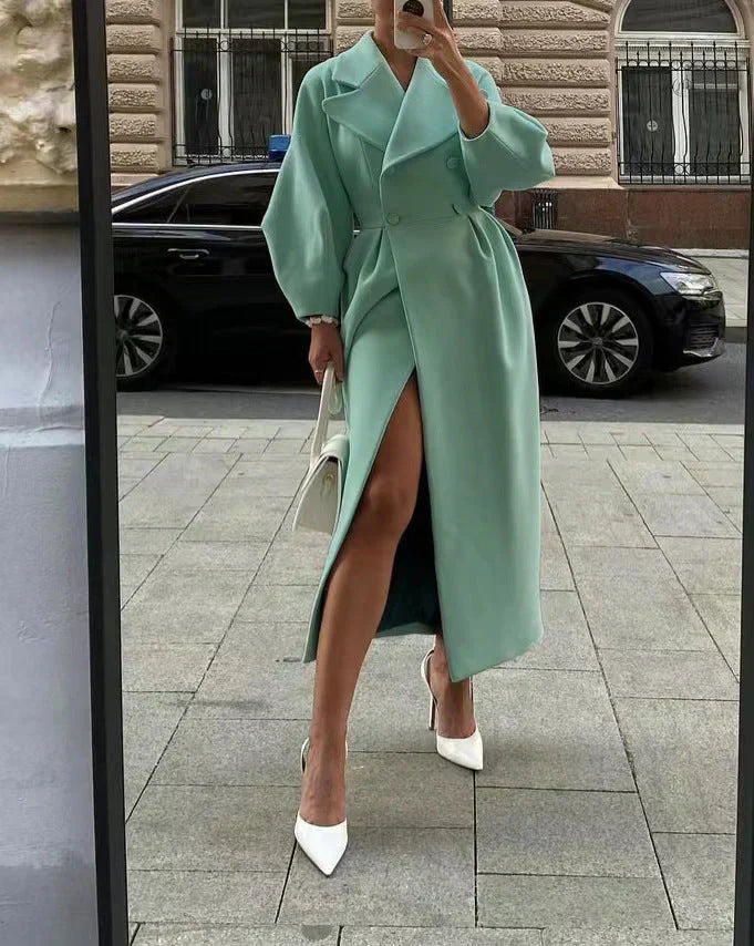 Street-Wave Womens Wool Blend Coat Double-Breasted Tailored With Wide Sleeves Elegant Collar