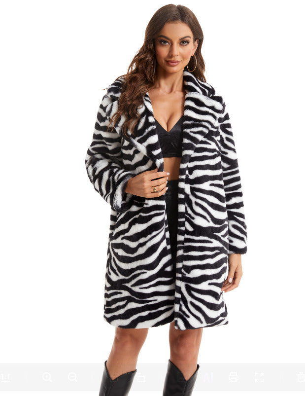 Street-wave Faux Fur Coat for Women With Zebra Design, Fluffy Cozy Warmth, Statement Outerwear
