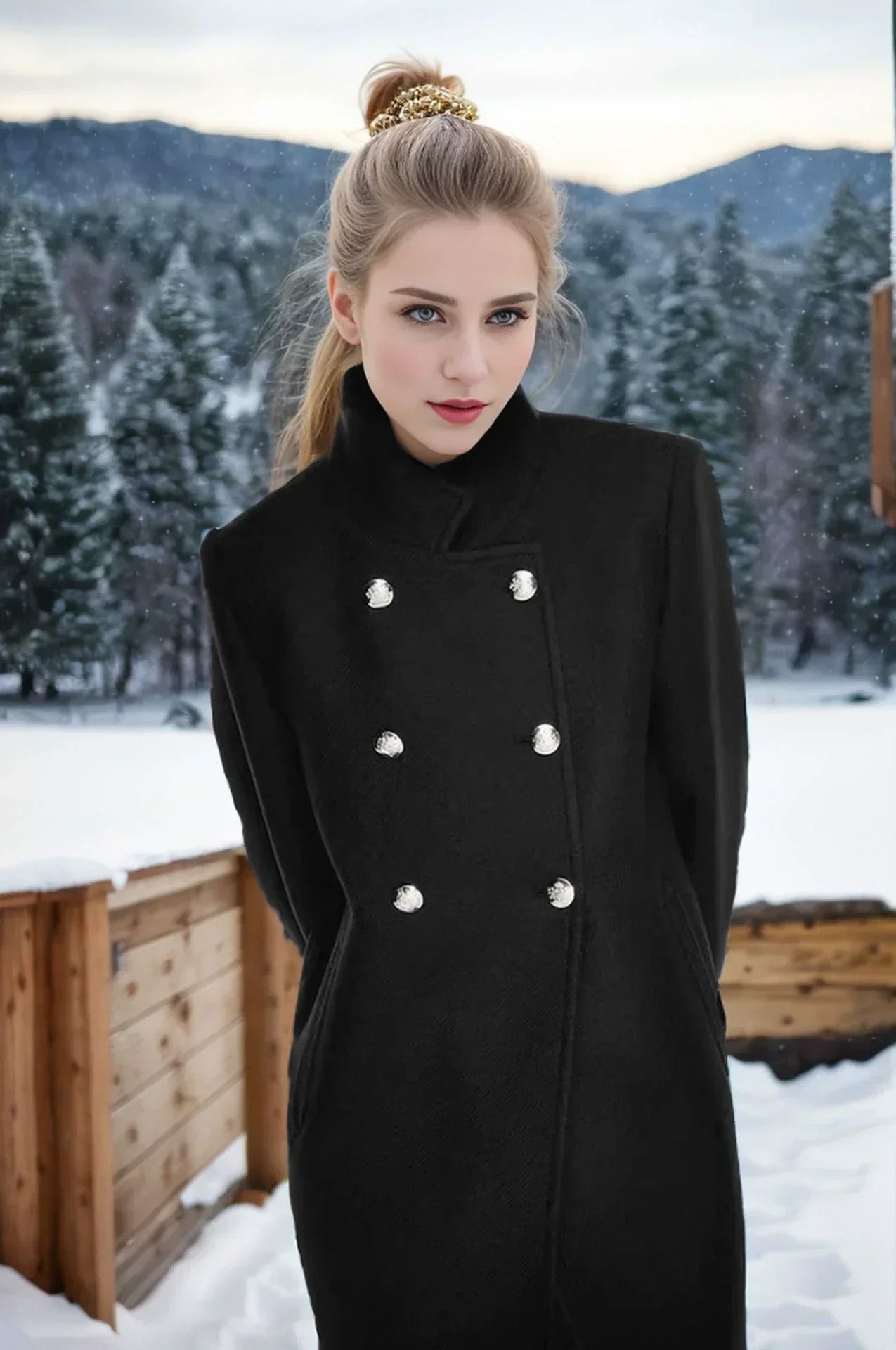 Street Wave Womens Wool Coat With Double Button Front And High Collar For Winter Warmth And Elegant Street Style