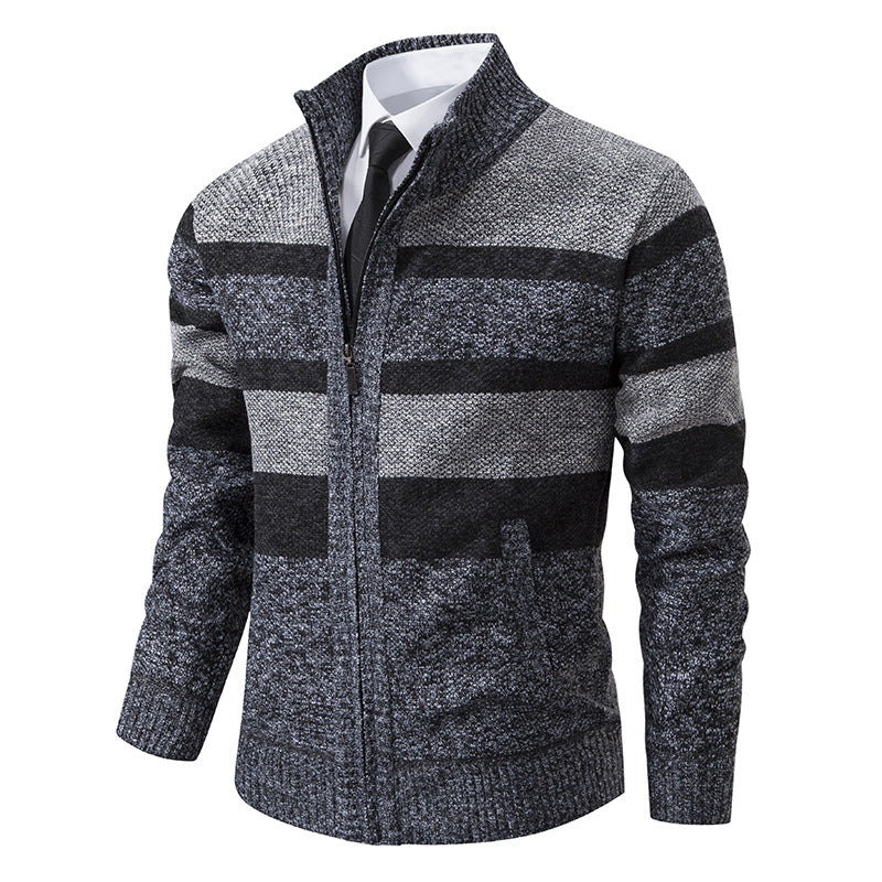 Mens Cardigan With Stand Collar Streetwave Modern Stripe Pattern For Men Stylish Versatile Warm Knitwear
