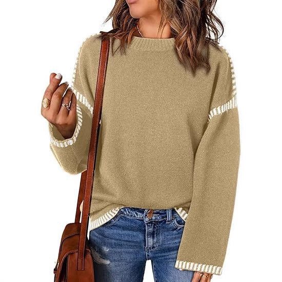Street-Wave Womens Knit Pullover With Structured Knit And Striped Sleeve Details