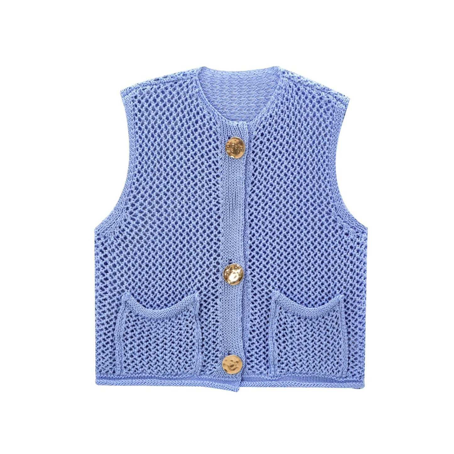 Street Wave Lightweight Knit Vest For Women With Breathable Cotton And Decorative Buttons And Pockets