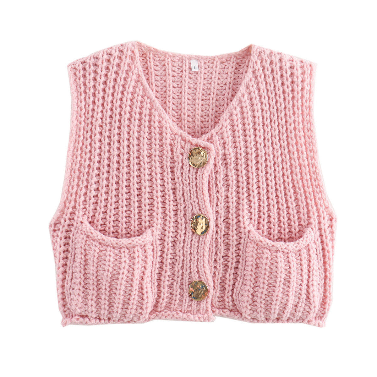 Street-Wave Women Knit Vest With Button Details And Pockets Trendy Breathable Cotton Blend