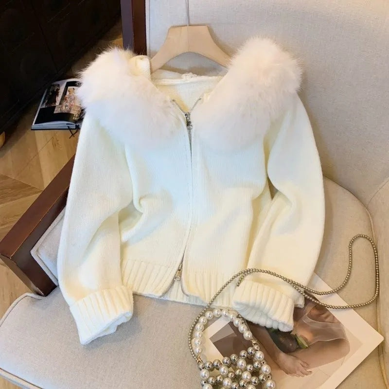Stylish Street Wave Womens Knit Cardigan With Removable Faux Fur Hood For Women Slim Fit Cozy Winter
