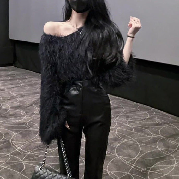 Fluffy Sweater For Women Street-wave, Cozy Loose-Fit Pullover With Soft Plush Sleeves