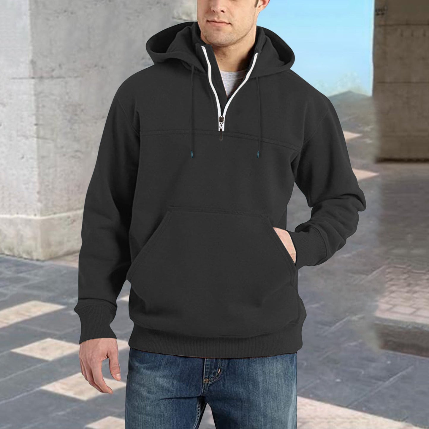 Street Wave Mens Half Zip Hoodie With Kangaroo Pocket For Casual Athleisure Comfort