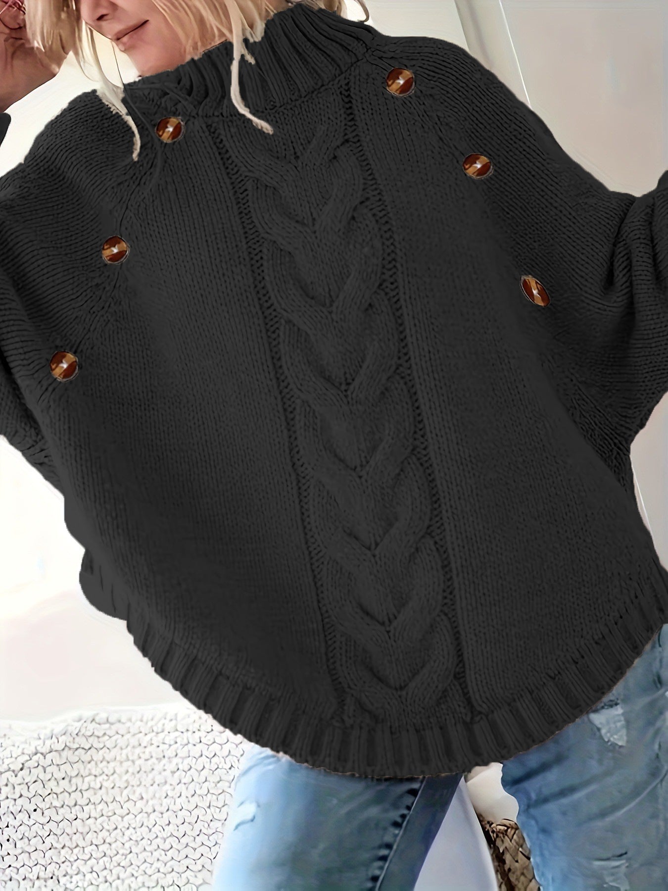 Women Oversized Cable Knit Sweater With High Collar And Button Details Streetwave Cozy Warmth