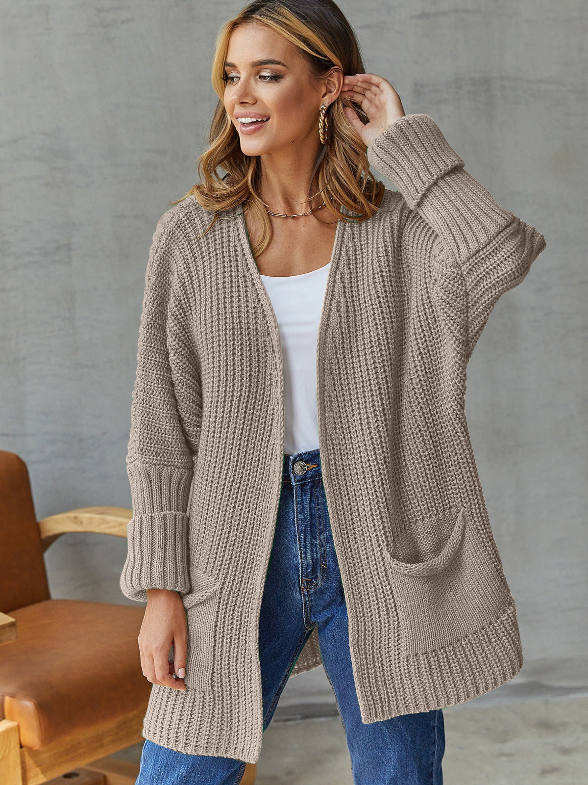 Streetwave Womens Cozy Knit Cardigan With Deep Pockets And Voluminous Sleeves For Everyday Style