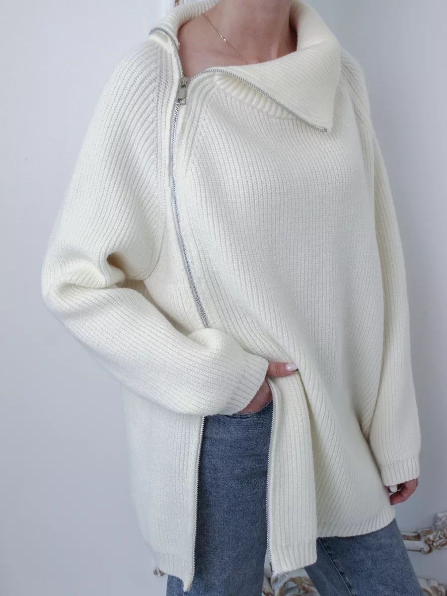 Street Wave Warm Diagonal Zip Knit Jacket For Women Cozy Stylish Winter Layer With Comfort