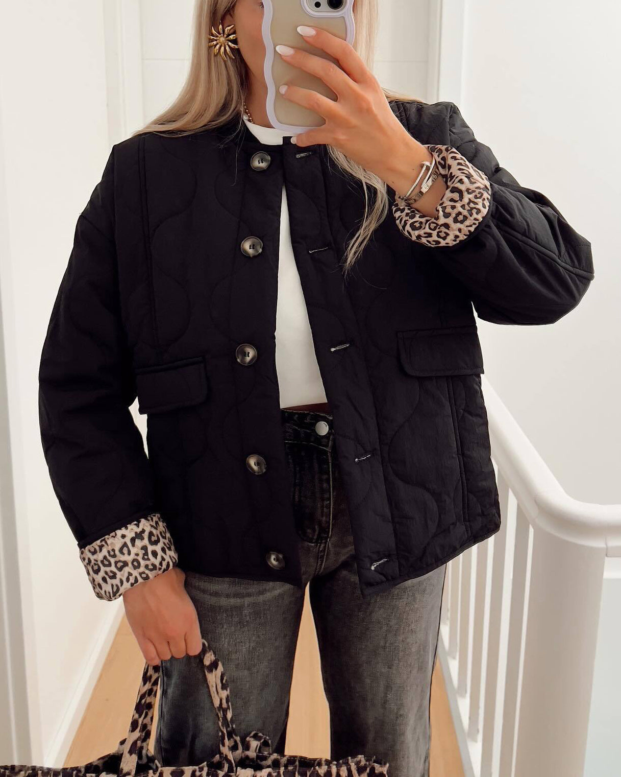 Street-Wave Quilted Padded Jacket With Leopard Print Lining Button Front Womens Warm Trendy Coat