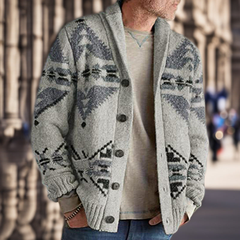 Mens Geometric Pattern Cardigan With Soft Warm Lining Streetwave Cozy Winter Knit