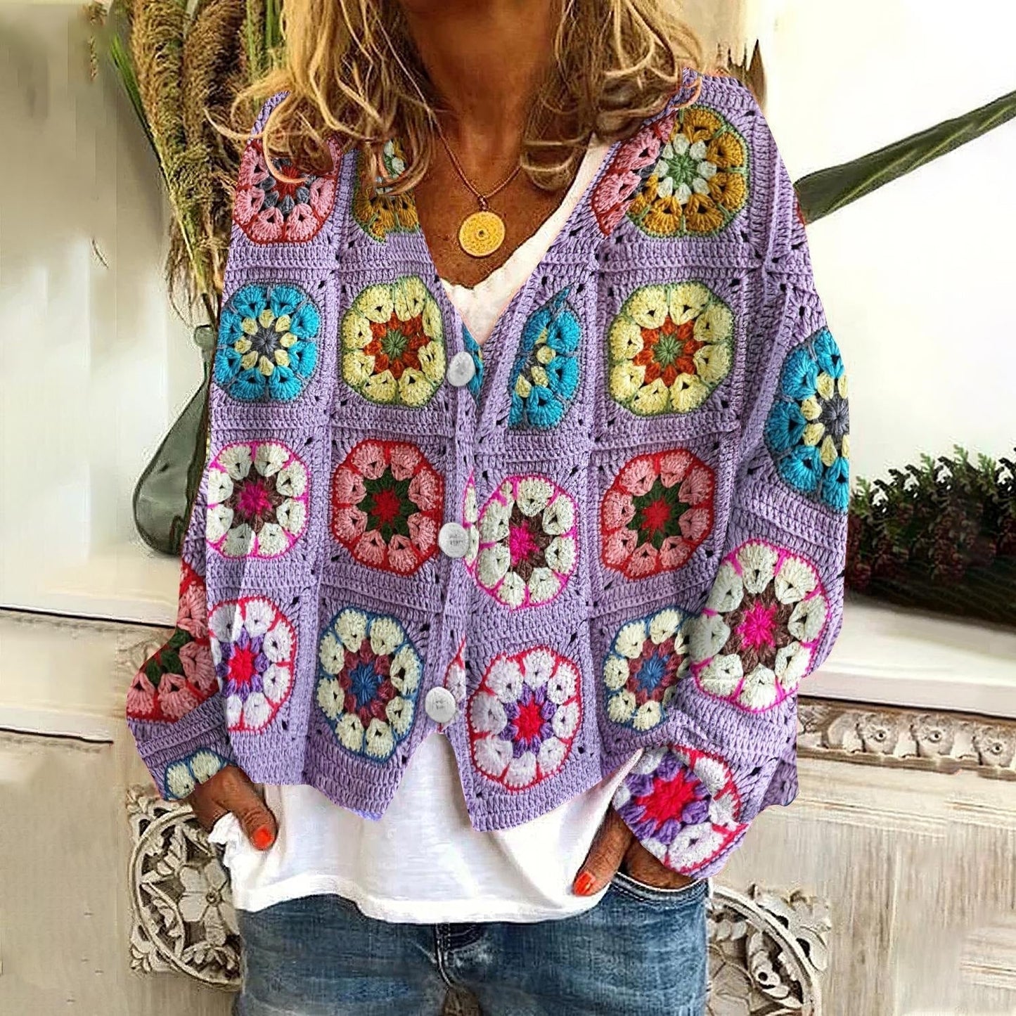 Street-Wave Floral Button Cardigan For Women Cozy Knit With Colorful Daisy Garden Pattern