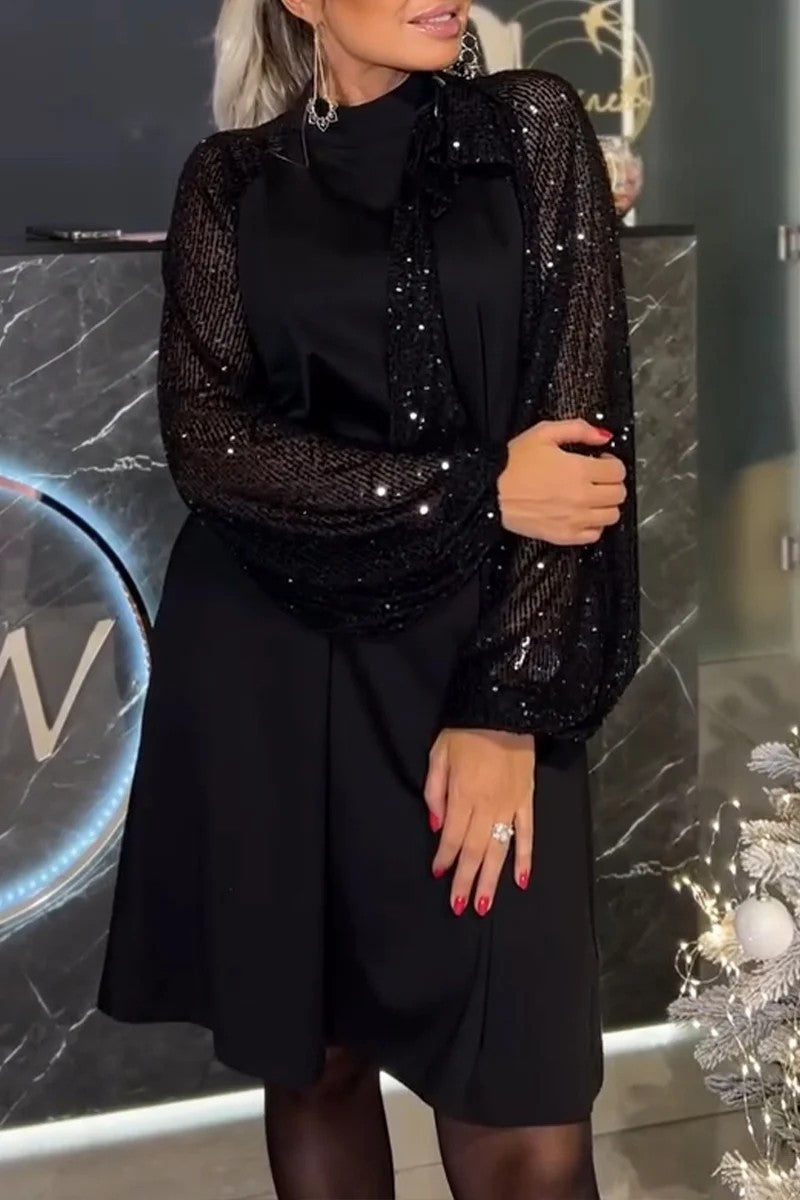 Street Wave Elegant Dress With Glitter Sleeves And Festive Collar For Women Evening Occasions Showstopping