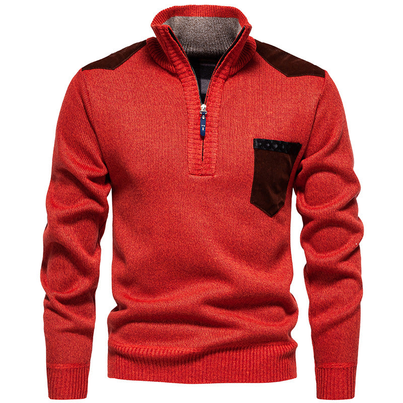 Street-Wave Men's Stand Collar Sweater With Contrast Details And Chest Pocket - Premium Warmth And Style