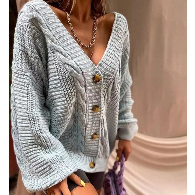 Street-Wave Women's Deep V-Neck Cable Knit Cardigan With Braided Design Soft Cozy Elegance